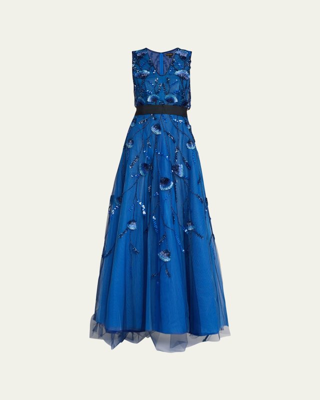 V-Neck Embroidered A-Line Gown With Black Waistband